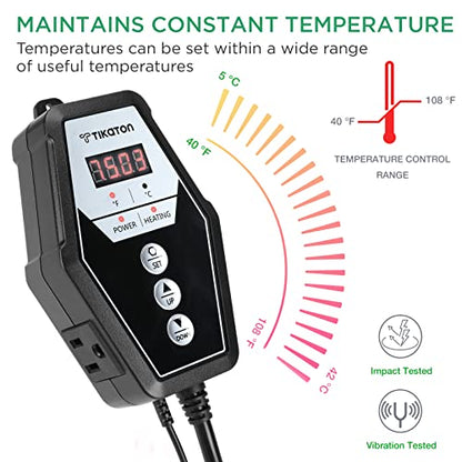 Tikaton Reptile Heating Pad and Digital Thermostat Combo Set, Under Tank Heater for 10-20gal/30-40gal Tank, Terrarium Heat Mat for Turtle/Snake/Lizard/Frog/Spider/Plant Box - size: 1 Pack-18.5" X 8.5"