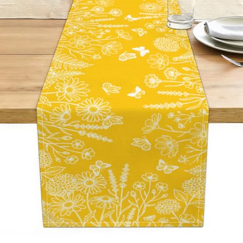Yellow Flowers Butterfly Spring Table Runner, Holiday Table Decoration - color: Yellow Wildflower