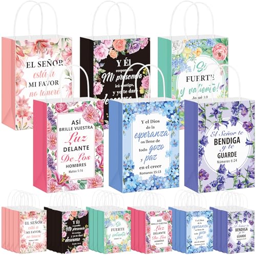 Kolldenn 24 Pcs Spanish Bible Verse Bags Bulk Christian Bags with Handles - color: Bright Colors