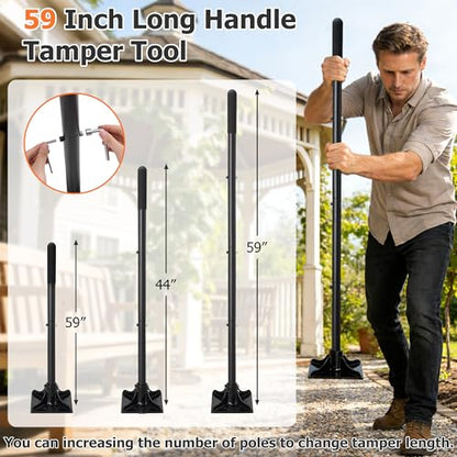 Heavy Duty Tamper Tool, 59 Inch Manual Soil Compactor Hand Tamper with Solid Flat Base Lawn Leveling Tool with Comfortable Handle for Yard Patio Driveway Garden Dirt Sand Gravel Soil ﻿