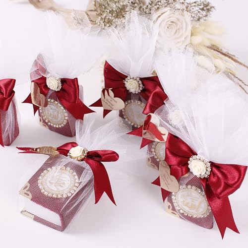 IEF Pack of 5 Personalized Mini Quran Islamic Party Favors, Velvet Mini Quran Decorated with Tulle Islamic Muslim Gift for Special Occasions