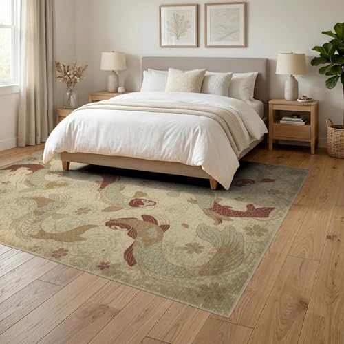 6'x9' Washable Japanese Koi Fish Area Rug, Beige Non-Shedding Pet Friendly Room Rug for Queen Size Bedroom, Under Bed, Master Suite, Foldable Easy Care Carpet | Ref:1885583 - color: Beige/Pattern 46, size: 6' x 9' (Rectangular)