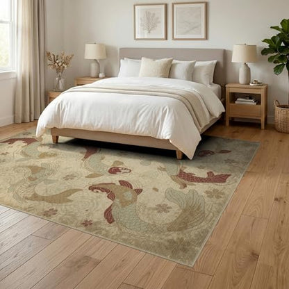 6'x9' Washable Japanese Koi Fish Area Rug, Beige Non-Shedding Pet Friendly Room Rug for Queen Size Bedroom, Under Bed, Master Suite, Foldable Easy Care Carpet | Ref:1885583 - color: Beige/Pattern 46, size: 6' x 9' (Rectangular)