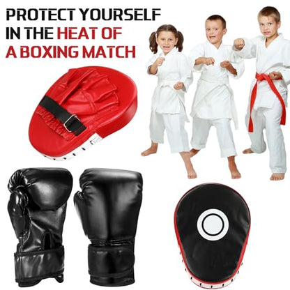 Arrowbash Boxing Gloves and Punching Mitts Set for Kids 6oz Black Gloves Curved Punch Mitts Pad Sparring Training Equipment for Martial Arts Muay Kickboxing Taekwondo Karate BJJ