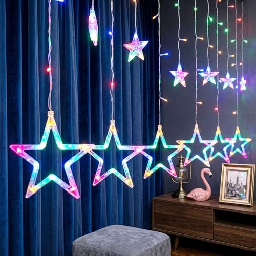 Vigdur Star Curtain String Lights, 12 Stars 138 LEDs Star Window Lights with Remote & 8 Flashing Modes Christmas String Lights for Christmas Wedding Party Home Decorations(8.2FT) - color: Star Lights