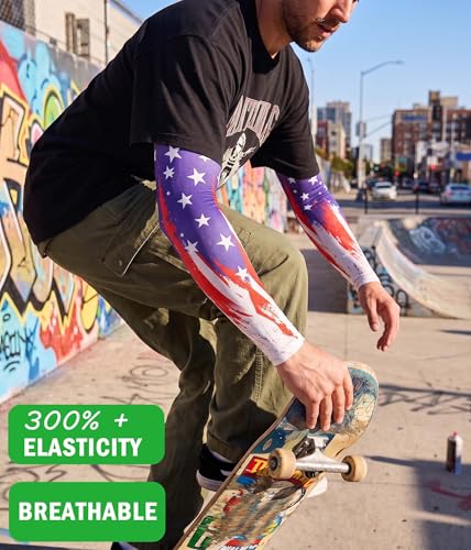 Aueyan Arm Sleeves for Men Women,Cooling Sleeves with Thumb Holes,Funny Sun Protection Arms Cover with Print Pattern - color: American Flag