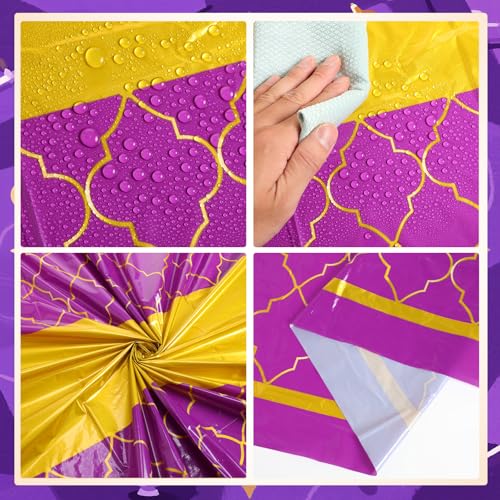 Oudain Ramadan Mubarak Tablecloths 54 x 108 Inch Purple Gold Eid Decorations Arabian Theme Large Plastic Ramadan Table Cover for Carnival Islamic Party(3 Pack)