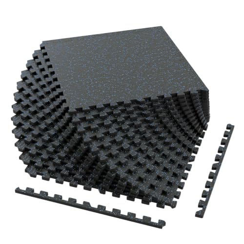 Giantex 12-Pack Interlocking Rubber Gym Floor Mats, 0.55'' Thick 24''x24'' Puzzle Tiles with Border Strips, 48 sq.ft Anti-Slip, Noise-Reducing Flooring for Home Workout Exercise (Black/Blue Speckled) - size: 0.55'' | 12 Tiles | 48 Sq Ft