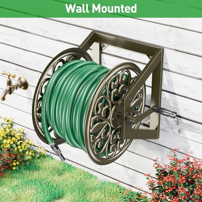 GOFORWILD Wall/Floor Mount Hose Reel, Holds 200-Feet of 5/8-Inch Hose | Decorative Hose Reel, Garden Heavy-Duty Water Hose Holder Winder Tidy Your Yard Farm