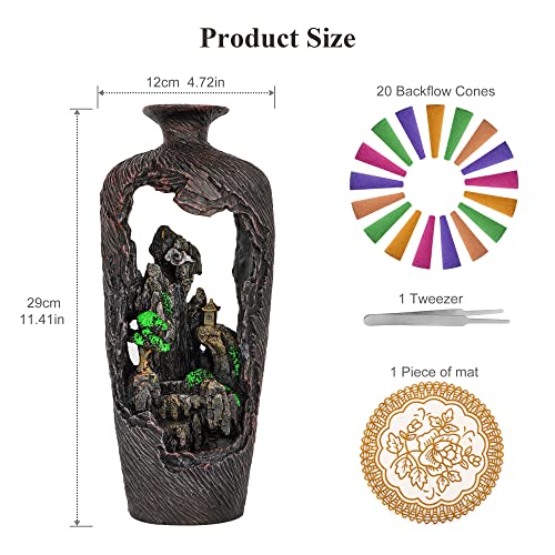 DOBEHOME Mountain Waterfall Incense Burner Backflow Incense Burner Incense Smoke Waterfall with 100 Backflow Incense Cones，Tweezer，Mat (Vase Shape)