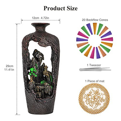 DOBEHOME Mountain Waterfall Incense Burner Backflow Incense Burner Incense Smoke Waterfall with 100 Backflow Incense Cones，Tweezer，Mat (Vase Shape)
