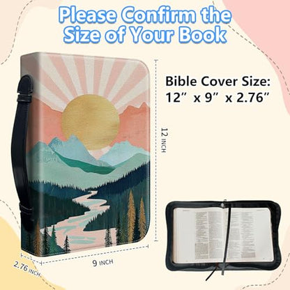 Bible Cover Case for Women, PU Leather Large Bible Cases with Zipper Fits Books Up to 12" x 9" x 2.76”, Bible Carrying Bag for Men, Pink Boho Mountain - color: Pink Boho Mountain