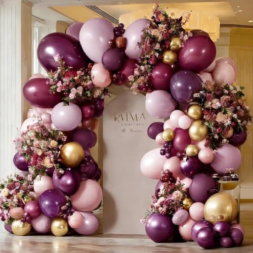 Dark Purple Pink Balloon Garland Double Stuffed Plum Mauve Burgundy Gold Balloon Arch Kit Dusty Pink Lavender Balloons for Birthday Bridal Shower Anniversary Halloween Fall Party Decorations - color: Dark Purple Pink Gold