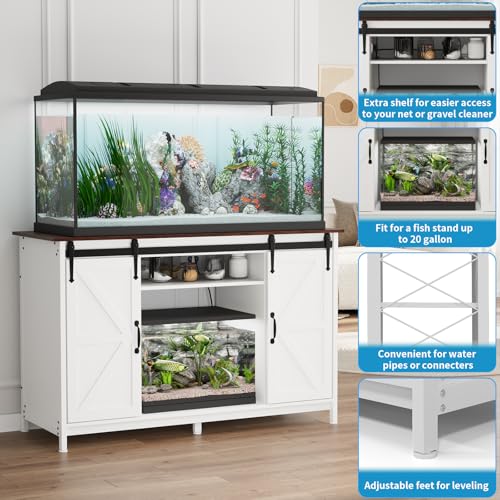 VOWNER Farmhouse 55-75 Gallon Fish Tank Stand with Power Outlet, Grey | Aquarium Stand with Storage Cabinet and Sliding Barn Door, Heavy Duty Reptile Tank Stand, for 2 Tanks, 1000LBS Capacity - color: White + Walnut