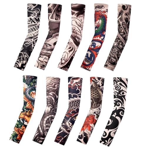 Tattoo Sleeves for Men Women Sun Protection UV Compression Arm Sleeves Breathable Skin Cover for Outdoor Sports - color: 006-10pc