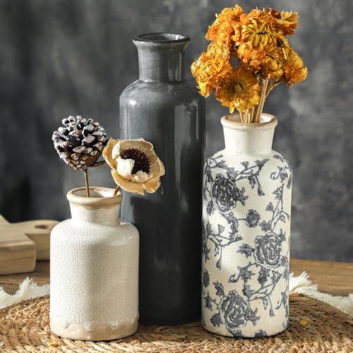 Ceramic Vintage Vase Set of 3, Vintage Flower Vases Home Decor Chinoiserie Decorative Retro Floral Vase Rustic Farmhouse Decor for Table Bookshelf Mantel Kitchen Living Room Office - Gray - color: 007 Vintage - Gray