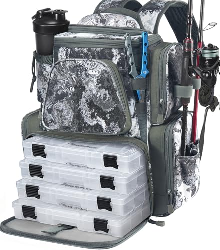 Piscifun Fishing Tackle Backpack with 2 Rod Holders, 4 Boxes & Rain Cover | Multi-pocket storage, fits 3600/3700 trays, bottle holder, padded straps for bank fishing - color: VEIL Camouflage