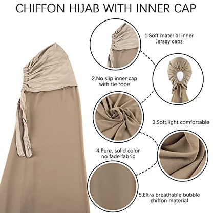 Instant Chiffon Hijab with Tie Back Under Cap Solid Color Soft Chiffon Scarf With Hijab Inner Caps For Muslim Women - color: Moon Light