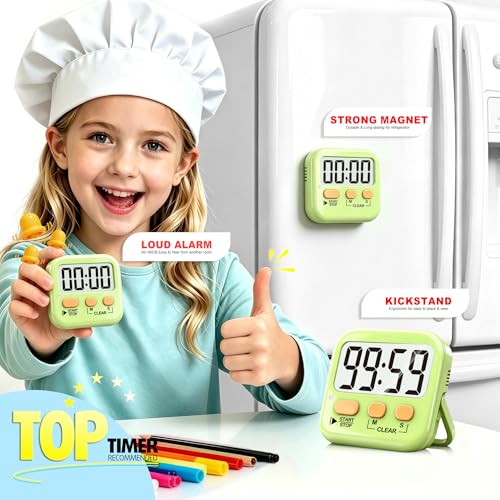 2 Pack Digital Timer for Kids Classroom Kitchen Timers for Cooking | w/ Battery, Easy to View, Alarm, Mute Mode, Count Down/Up, Magnetic, Kickstand, Hanging, Classroom Timer for Teacher Supplies - color: Light Green