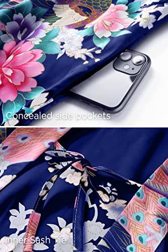 BABEYOND Women's Kimono Robe Long Satin Robes with Peacock and Blossoms Printed Kimono Nightgown - color: Dark Blue, size: One Size