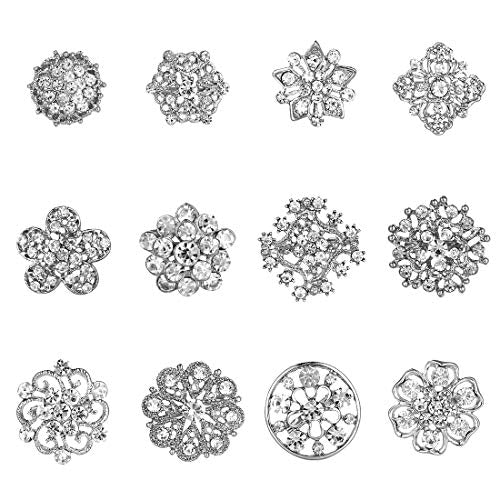 Lot 12pc Small Size Rhinestone Crystal Flower Brooches Pins Set DIY Wedding bridal Bouquet Women Broaches - color: Silver