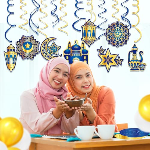 30Pcs Ramadan Mubarak Hanging Swirls- Blue and Gold Ceiling Swirls Hanging Streames for Eid Ceiling Whirl Birthday Baby Shower Party Decorations