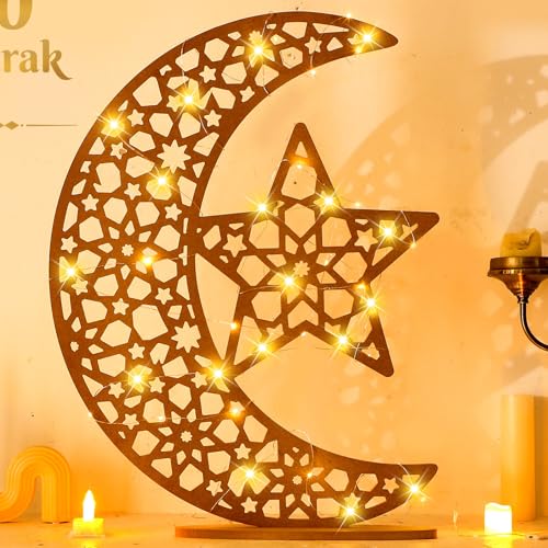 DoubleFill Eid Mubarak Ramadan Crescent Moon Star Light 27.56 x 20.67 Inches LED Wooden Ramadan Mubarak Decoration Eid Gift for Home Bedroom Floor Yard Lawn Islamic Outdoor Decor(Classic) - style: Classic