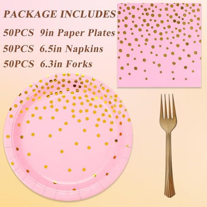 150 PCS Pink and Gold Paper Plates Napkins Forks Party Supplies Serves 50, Golden Dot Disposable Paper Dinnerware 9" Plates for Birthday, Bachelorette, Girl Birthday, Baby Shower - color: Pink Gold (Serves 50)