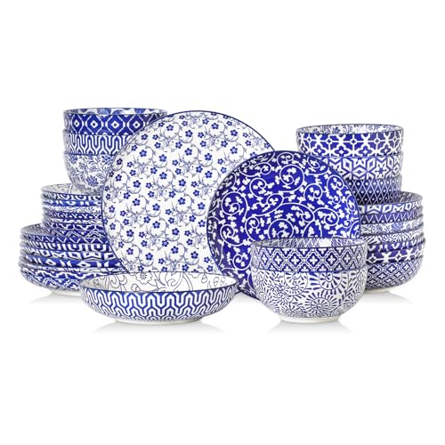 Selamica Ceramic Plates and Bowls Sets,32 Pieces Dinnerware Sets for 8,Scratch Resistant Dish Set for family gathering,Dishwasher & Microwave Safe, Vintage Blue - color: Vintage Blue, size: Service for 8 (32 Pcs)