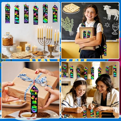 JUNEBRUSHS 30Pcs Passover Scratch Bookmarks, Rainbow Magic Scratch Paper Art Passover DIY Craft Kit for Students Classroom Activity Party Favors - style: Passover Style