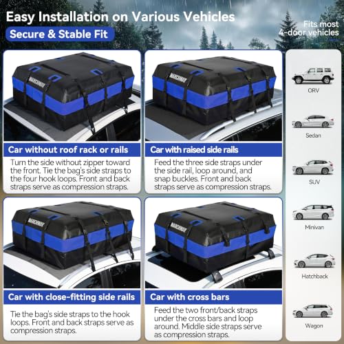 MARCHWAY Waterproof Car Roof Luggage Bag, Weatherproof Soft Shell Rooftop Cargo Carrier Bag for Vehicles with or Without Rack. 6 Door Hooks, Anti Slip Mat, Lock Included (21 Cubic Feet, Blue) - size: 21 Cubic Feet, Blue