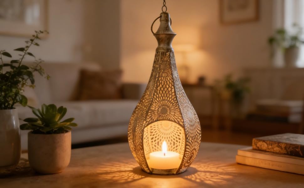Decorative Candle Holder, Elegant Bohemian Style Gourd Shaped Metal Hanging Light, Intricate Hollow Design Moroccan Lantern Lamp, for Home Decor, Living Room, Bedroom, Ramadan Decoration