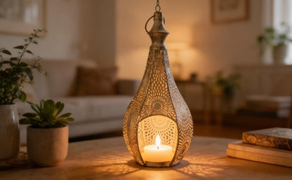 Decorative Candle Holder, Elegant Bohemian Style Gourd Shaped Metal Hanging Light, Intricate Hollow Design Moroccan Lantern Lamp, for Home Decor, Living Room, Bedroom, Ramadan Decoration