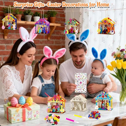 8Pcs Christian Easter Crafts Wooden House for Boy Girl & Adult, Religious Easter Activities DIY Kit with Jesus He Is Risen Egg Bunny, Spring Bible Art Gift for Basket Stuffers Party Favors Decor Bulk - style: Christian Easter