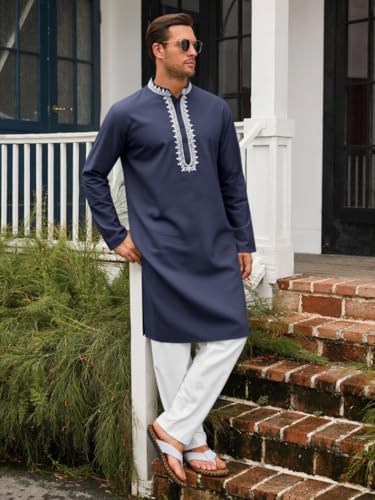 Runcati Mens Kaftan Thobe Cotton Henley Shirt Long Sleeve Embroidery Robe Casual Kurta Muslim Gown Shirt - color: Navy, size: XX-Large
