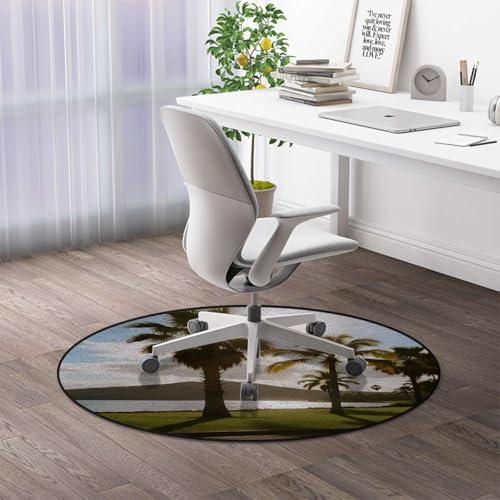 Waterscape Nature Round Chair Mat, Coconut Lake Sunset Anti-Slip Floor Protector for Gaming & Office Chairs, Golden Blue Green Diameter 35.4 in - color: Waterscape Nature_2403, size: Diameter 35.4 in
