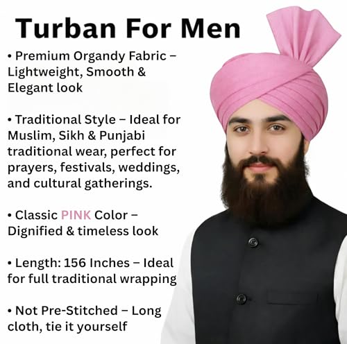 Turban For Men (156 Inches) Long Cloth – Muslim, Sikh, Punjabi Headwrap | For Prayer, Festivals & Special Occasions - color: Pink