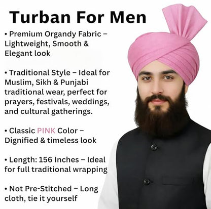 Turban For Men (156 Inches) Long Cloth – Muslim, Sikh, Punjabi Headwrap | For Prayer, Festivals & Special Occasions - color: Pink