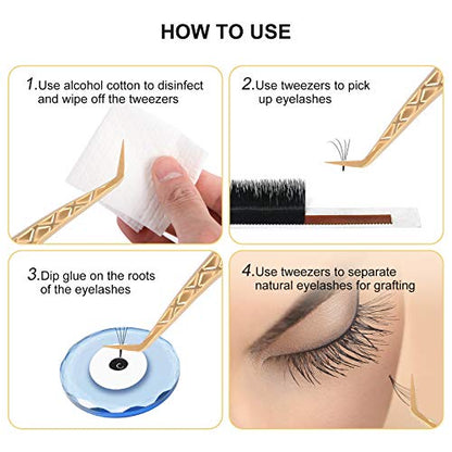 FEITA Eyelash Extension Tweezer Set Gold Lash Applicator Tool - Precision Lashes Diamond Grip Tweezers for 2D-6D Volume & Individual Eyelashes Extensions Supplies (6Pcs) - color: Gold Diamond-grip 6pcs