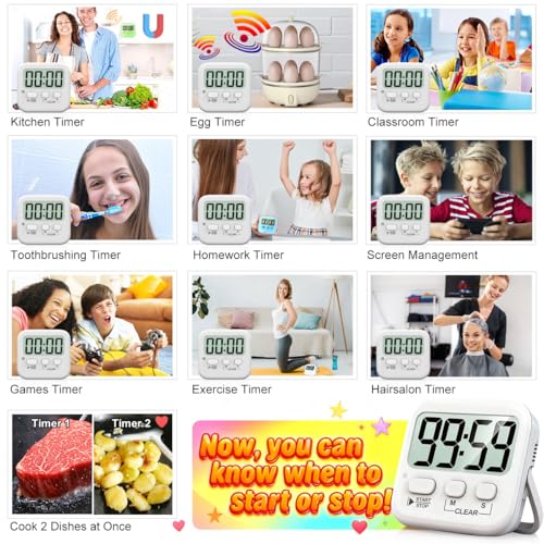 2 Pack Digital Timer for Kids Classroom Kitchen Timers for Cooking | w/ Battery, Easy to View, Alarm, Mute Mode, Count Down/Up, Magnetic, Kickstand, Hanging, Classroom Timer for Teacher Supplies - color: Pure White *2