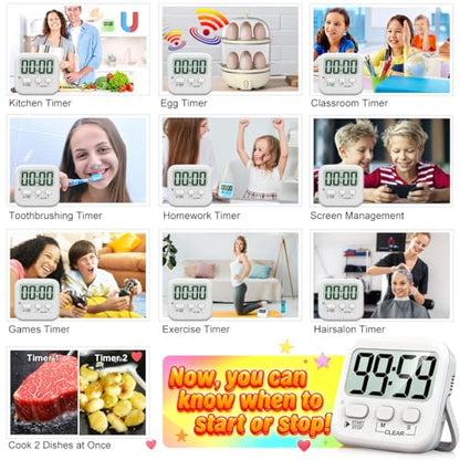 2 Pack Digital Timer for Kids Classroom Kitchen Timers for Cooking | w/ Battery, Easy to View, Alarm, Mute Mode, Count Down/Up, Magnetic, Kickstand, Hanging, Classroom Timer for Teacher Supplies - color: Pure White *2