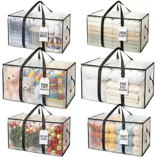 ClearSpace Heavy Duty Moving Bags - Water Resistant Storage Bags with Backpack Straps, Zippers and Handles - Large Moving Boxes for College Dorm, Travel, Closet Organization - 6 Pack, Clear | Heavy-duty moving bags with backpack straps, zippers, and handl