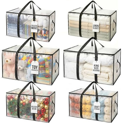 ClearSpace Heavy Duty Moving Bags - Water Resistant Storage Bags with Backpack Straps, Zippers and Handles - Large Moving Boxes for College Dorm, Travel, Closet Organization - 6 Pack, Clear | Heavy-duty moving bags with backpack straps, zippers, and handl