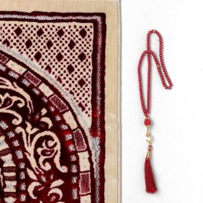 Velvet Muslim Prayer Rug Set with 99 Beads - Red - color: Red