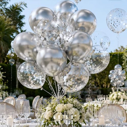 AULE Party Balloons Pack of 42 - Metallic Balloons & Confetti Balloons and 64ft Ribbons - 12 Inch Silver Balloons Decorations Set - color: Silver