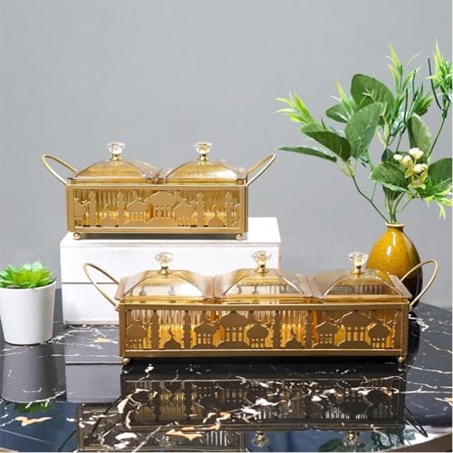 Ramadan Trays with Lid Metal Gold Eid Mubarak Serving Tray Ramadan Decorations Eid Party Food Storage Container for Cookie Candy Pastry Dessert - size: Small