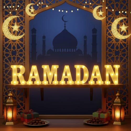 Honoson 7 Pcs Ramadan Eid Decoration Ramadan LED Lights Sign - color: Yellow, style: Ramadan