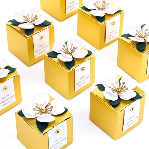 Affrolling 50 Pcs Wedding Favor Boxes with Thanks Card Square Flower Candy Boxes Paper Bridal Gift Box for Guests Wedding Bridal Shower Birthday Party Anniversary (Gold) - color: Gold