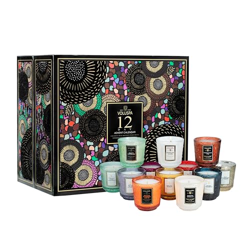 Voluspa 12 Day Advent Calendar Scented Candles Gift Set, 2.5 oz Each, 25 Hour Burn Time, Scented for Women and Men