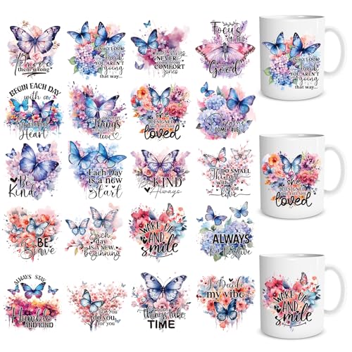 UV DTF Cup Wraps - 20 Sheets Butterfly UVDTF Cup Wraps for 16 OZ Glass, Inspirational Affirmative Quotes UV DTF Transfer Stickers, Waterproof Rub on Transfer Decals for Water Bottles Mugs - style: Butterfly Inspirational